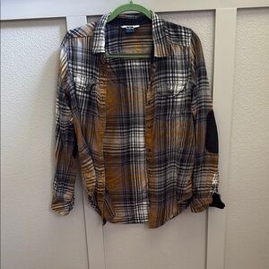 Plaid Button-Up Shirt in Black, White, and Brown